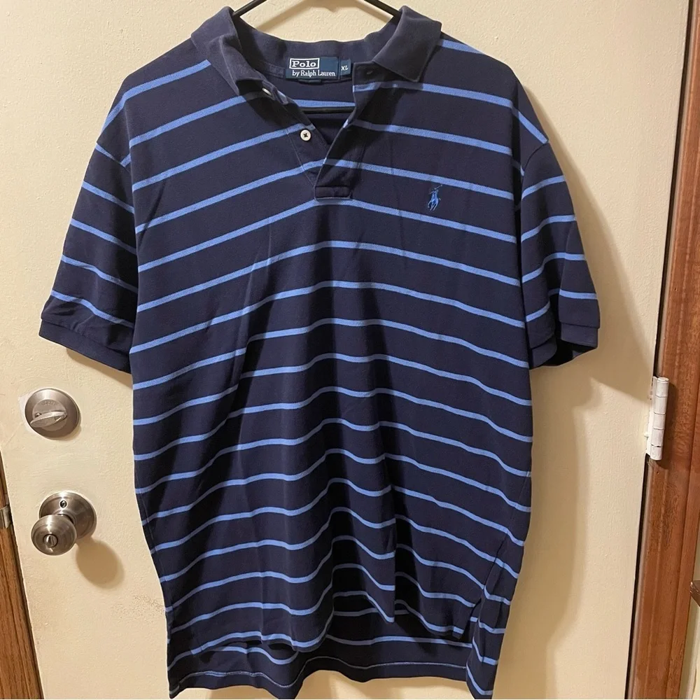 Ralph‎ Lauren Men's Polo Shirt in Navy and Light Blue Stripes
